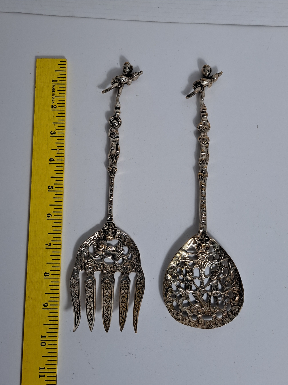 Vintage Ugo Bellini Ornate Cherub Salad Serving Set Silver Plated Brass Nice set